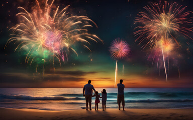 Family watching fireworks from a sandy beach for New Year's Eve
