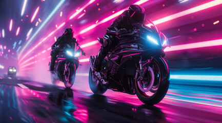 riding two motorcycles with neon lights on an illuminated road at night