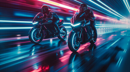 Two motorcyclists in black suits and helmets, riding  motorcycles with neon lights in the background