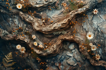 Imagine an AI-generated image capturing the abstract beauty of a gnarled tree trunk, its bark...