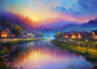 Fototapeta premium Medieval fantasy fairytale town houses and river, Generative AI