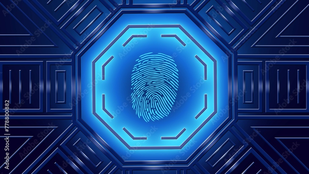 Poster modern futuristic background with glowing neon blue lights and fingerprint centered in octagonal ele