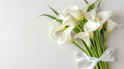 A bouquet of white callas, close-up on a white background.