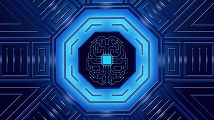 Modern futuristic background with glowing neon blue lights and symbolic human brain centered in octagonal elements - digital cyber information technology concept - 3D Illustration