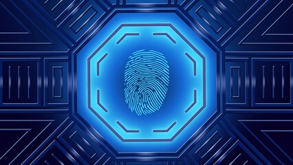 Modern futuristic background with glowing neon blue lights and fingerprint centered in octagonal elements - digital security information technology concept - 3D Illustration