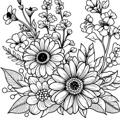 Flowers black outline illustration coloring book page