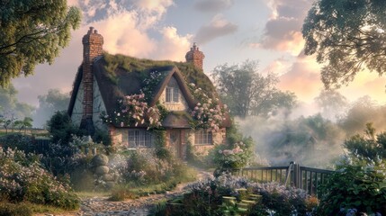 A quintessential English thatched cottage surrounded by lush blooming gardens in the soft light of early morning. - obrazy, fototapety, plakaty