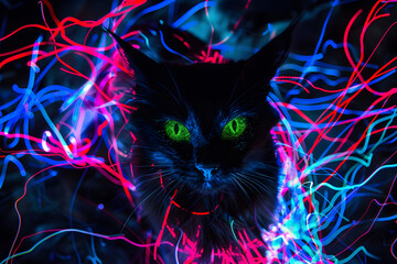 Neon spooky cat isolated on black background.