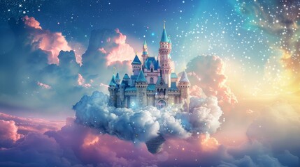 A majestic fantasy castle floats on clouds, basked in a magical light with stars sparkling in the twilight sky. - obrazy, fototapety, plakaty
