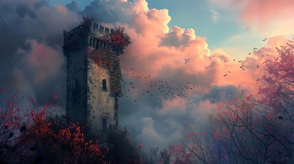 An ancient stone tower, cloaked in autumn ivy, stands against a dramatic dusk sky, with birds circling in the cool air. - obrazy, fototapety, plakaty
