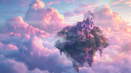 A Victorian mansion perches atop a floating island surrounded by whimsical clouds in a dreamy, pastel-colored sky.