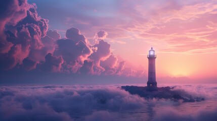 A solitary lighthouse stands vigil on a cliff, rising above a dense sea of clouds under the spellbinding colors of a surreal sunset.