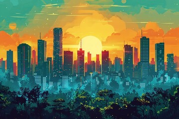 Solar punk cityscape, vibrant, sunny day, ecofuturistic harmony , illustration