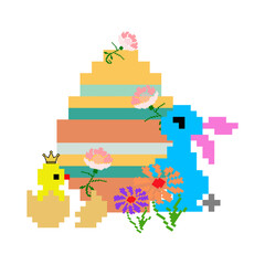 Lovely bunny and princess baby chick playing in the flower garden on easter day. - 778801673
