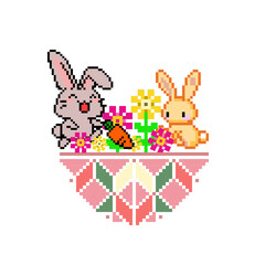 Lovely bunny and princess baby chick playing in the flower garden on easter day. - 778801852