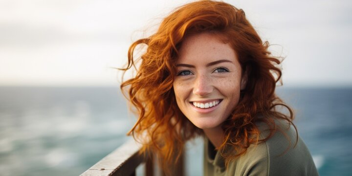 A cute red-haired girl with a beautiful smile poses near the coast on the pier, close-up portrait, Generative AI.