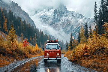 Red car on an asphalt road in the mountains. - obrazy, fototapety, plakaty