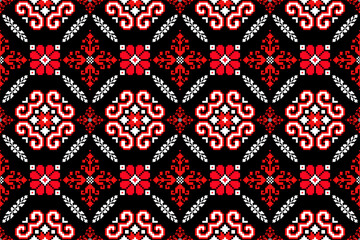Geometric ethnic floral pixel art embroidery, Aztec style, abstract background design for fabric, clothing, textile, wrapping, decoration, scarf, print, wallpaper, table runner. - 778802090