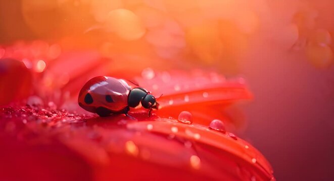 ladybug on red flower petal with water drops close up, A ladybug sitting on a red flower on blurred background
