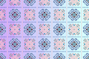 Geometric ethnic floral pixel art embroidery, Aztec style, abstract background design for fabric, clothing, textile, wrapping, decoration, scarf, print, wallpaper, table runner. - 778802214