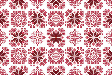 Geometric ethnic floral pixel art embroidery, Aztec style, abstract background design for fabric, clothing, textile, wrapping, decoration, scarf, print, wallpaper, table runner. - 778802216