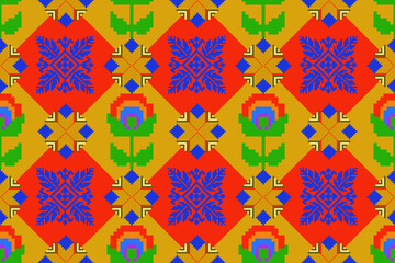 Geometric ethnic floral pixel art embroidery, Aztec style, abstract background design for fabric, clothing, textile, wrapping, decoration, scarf, print, wallpaper, table runner. - 778802225