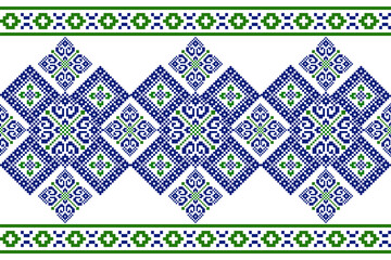 Geometric ethnic floral pixel art embroidery, Aztec style, abstract background design for fabric, clothing, textile, wrapping, decoration, scarf, print, wallpaper, table runner. - 778802241