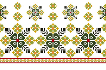 Geometric ethnic floral pixel art embroidery, Aztec style, abstract background design for fabric, clothing, textile, wrapping, decoration, scarf, print, wallpaper, table runner. - 778802244