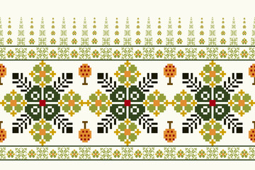 Geometric ethnic floral pixel art embroidery, Aztec style, abstract background design for fabric, clothing, textile, wrapping, decoration, scarf, print, wallpaper, table runner. - 778802248