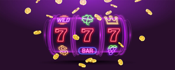 Slot machine with neon gaming symbols and falling coins. Vector illustration.