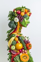Naklejka na ściany i meble Figure of a girl made from vegetables and fruits, promotion of healthy eating, Generative AI.