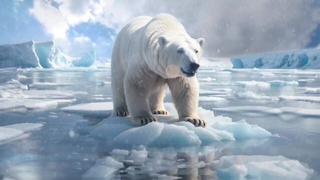 polar bear on a remaining block of ice due to the environmental damage of global warming