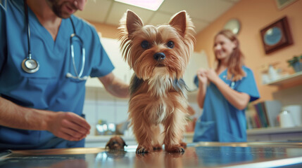 A dog is standing in front of two veterinarians. One of the veterinarians is holding a syringe. a veterinarian in a clinic, gently examining a small dog or cat on an examination table.