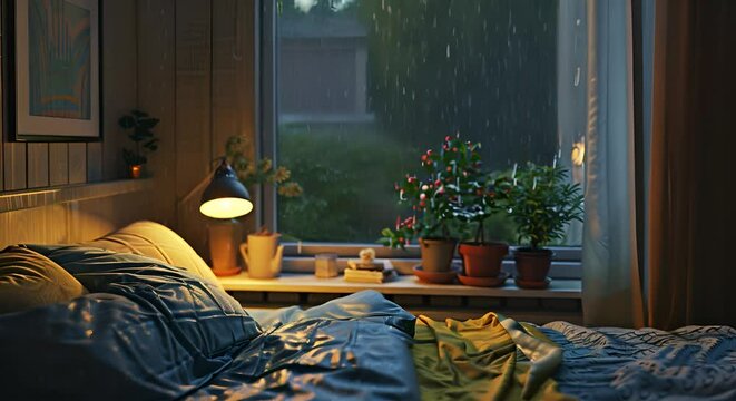 A Calming Animation of a Rainy Day Bedroom,4K Loop animation, real photos