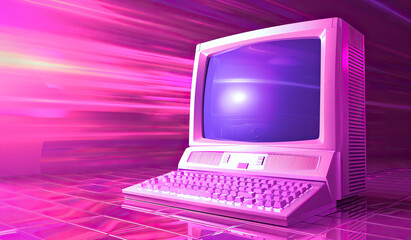 Vibrant retro computer in a neon-lit cyber environment