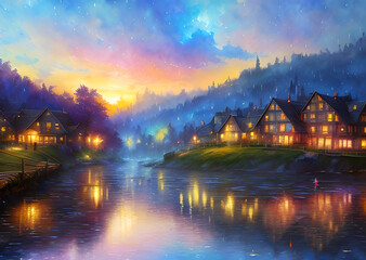 Fototapeta premium Medieval fantasy fairytale town houses and river, Generative AI