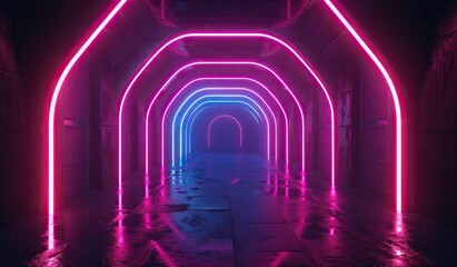 Neon tunnel glow with vibrant pink and blue lights in a futuristic corridor