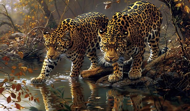 Majestic jaguars drinking at a serene forest stream