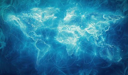 Glowing digital world map on a blue abstract background