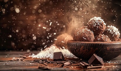 Gourmet chocolate truffles with coconut shavings on rustic table