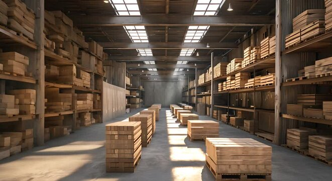Warehouse interior with rows of wooden boxes. 3D Rendering, Warehouse or warehouse with rows of shelves and rows of wooden boxes