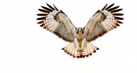 Beautiful African Hawk Eagle Flying By Flaps The Wings Isolated On White Background. A large bird with brown and white feathers is flying in the air. . Concept of freedom and power