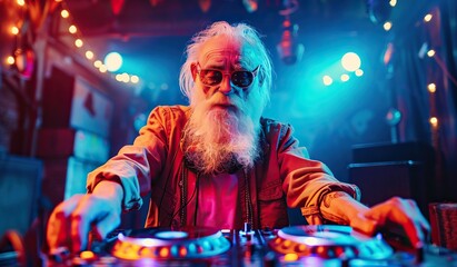 Elderly bearded DJ mixing music at a club with colorful lights