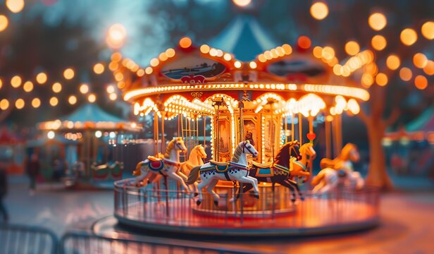 Enchanting evening carousel ride in soft focus with vibrant lights