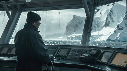 Pensive elderly sailor with a beard looking out over the sea under stormy skies