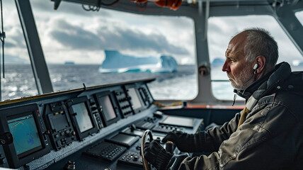 Pensive elderly sailor with a beard looking out over the sea under stormy skies