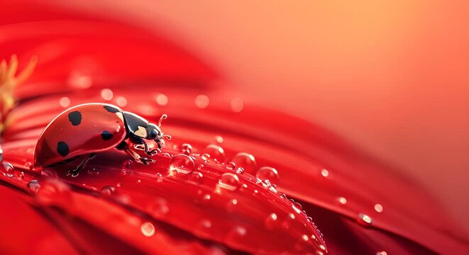 ladybug on red flower petal with water drops close up, A ladybug sitting on a red flower on blurred background