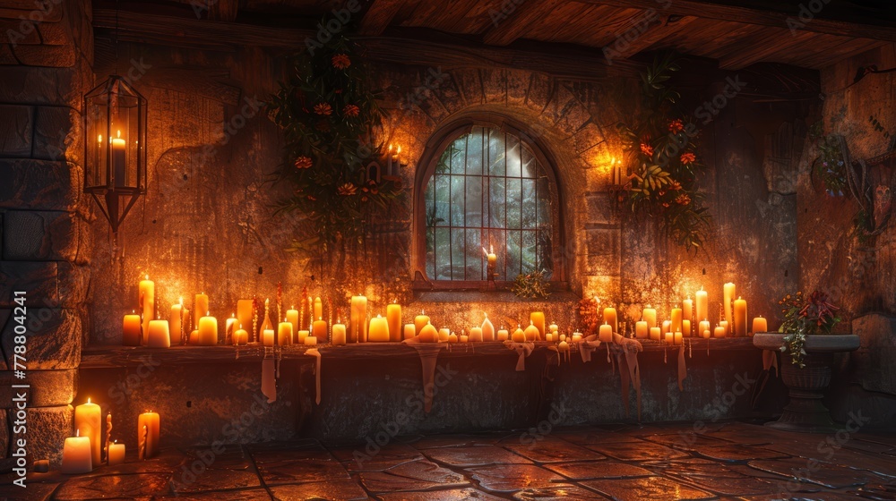 Wall mural   A candlelit room beside a windowsill with potted plants