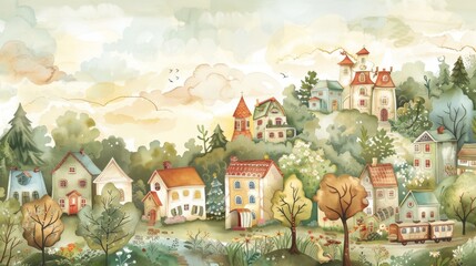 A charming watercolor panorama of a dreamy townscape, with miniature houses and a playful toy train chugging along, surrounded by a magical forest under a serene, pastel sky - obrazy, fototapety, plakaty