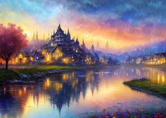 Obraz premium Medieval fantasy fairytale town houses and river, Generative AI